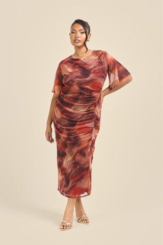 Curve angel sleeve abstract mesh midi dress