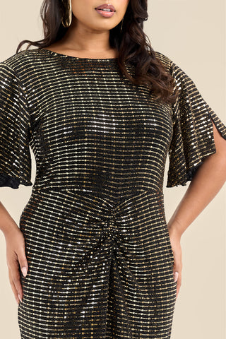 Plus Size Gold Sequin Ruched Flutter Sleeve Midi Dress