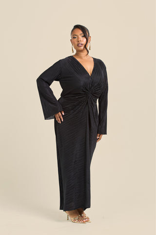 Curve Twist Front Flare Sleeve Plisse Midaxi Dress