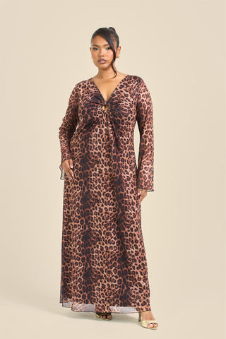 Curve Leopard Print Trim Detail Flare Sleeve Midi Dress