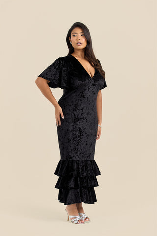 Curve Statement Flutter sleeve velvet ruffle hem maxi dress