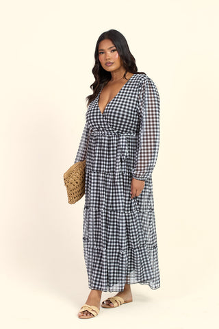 Curve Gingham Print Wrap Tie Belt Tiered Maxi Dress