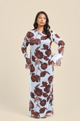 Curve Flare Sleeve Floral Print Mesh Maxi Dress