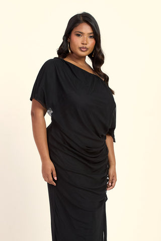 Curve Drop Shoulder Ruched Mesh Black Midaxi Dress