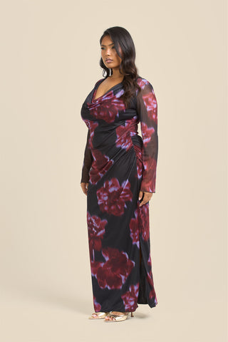 Curve Cowl neck Mesh flare sleeve Dark floral Maxi Dress