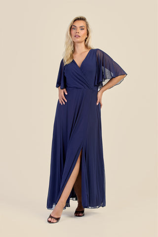 Curve Wrap Front Angel Sleeve Mesh Maxi Dress