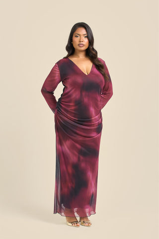 Curve plunge neck burgundy ruched mesh midaxi dress