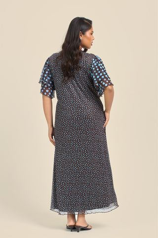 Curve Flutter Sleeve Mixed Polka Dot Midi Dress