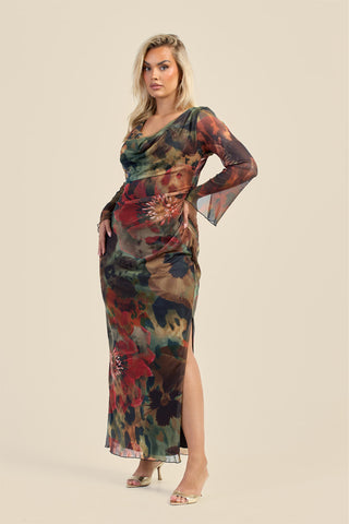 Curve abstract floral cowl neck long sleeve mesh maxi dress
