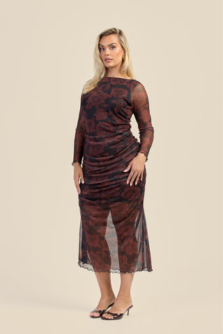 Curve Autumn Rose Ruched Mesh Midaxi Dress