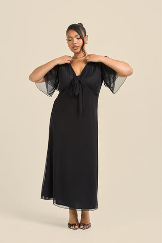 Curve Flutter Sleeve Black Mesh Tie Front Midi Dress