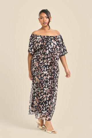 Curve Drop Shoulder Animal Print Mesh Midi Dress