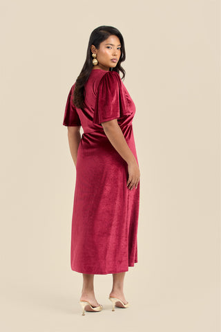 Curve flutter sleeve wrap velvet Burgundy midi dress