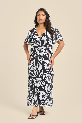 Curve Floral Mono Print Flutter Sleeve Midi Dress