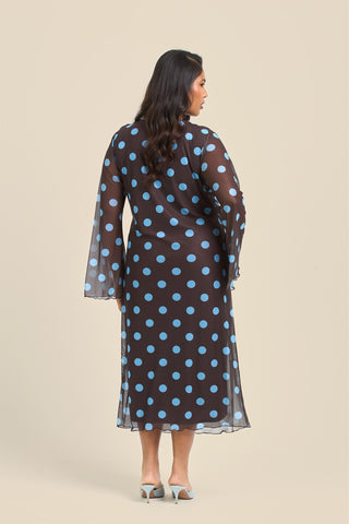 Curve Polka Dot Long Sleeve Ruched Mesh Midi Dress