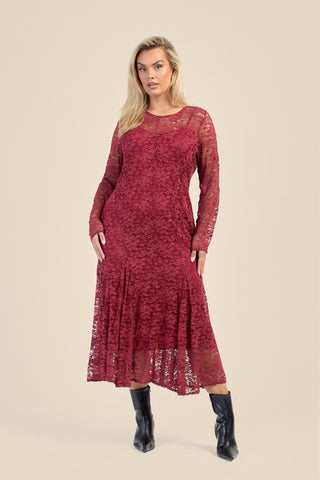 Curve Long Sleeve Lace Godet Hem Midaxi Dress