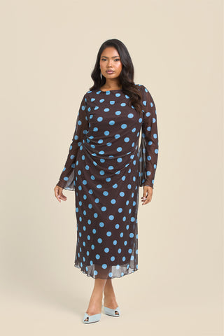 Curve Polka Dot Long Sleeve Ruched Mesh Midi Dress