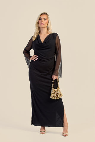 Curve Cowl Neck Long Sleeve Mesh Maxi Dress
