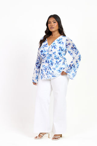 Curve Blue Floral Twist Front Flare Sleeve Top
