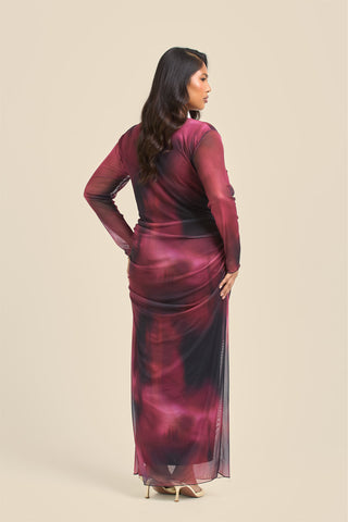 Curve plunge neck burgundy ruched mesh midaxi dress