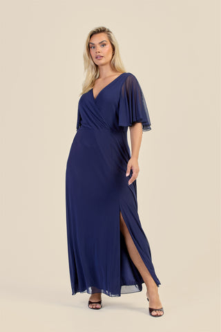 Curve Wrap Front Angel Sleeve Mesh Maxi Dress