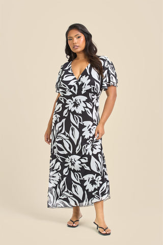 Curve Floral Mono Print Flutter Sleeve Midi Dress