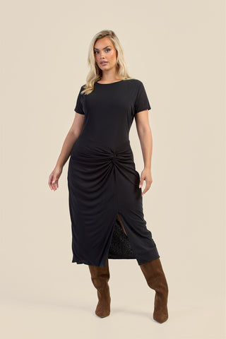Curve Textured Knit Knotted Front Midi Dress