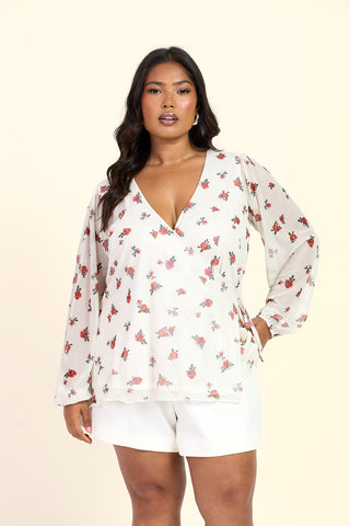Curve Ditsy Print Wrap Balloon Sleeve Mesh Blouse
