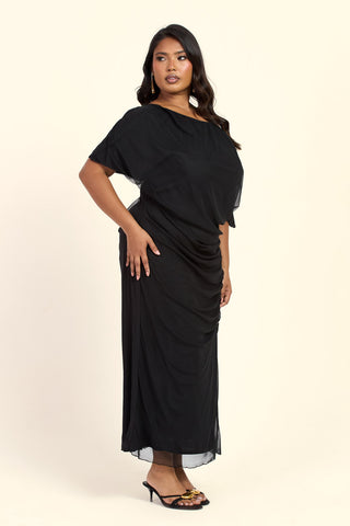 Curve Drop Shoulder Ruched Mesh Black Midaxi Dress