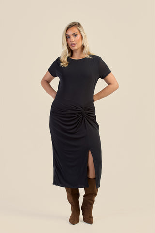 Curve Textured Knit Knotted Front Midi Dress