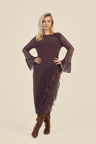 Curve Mesh Ruffle Sleeve Midi Dress