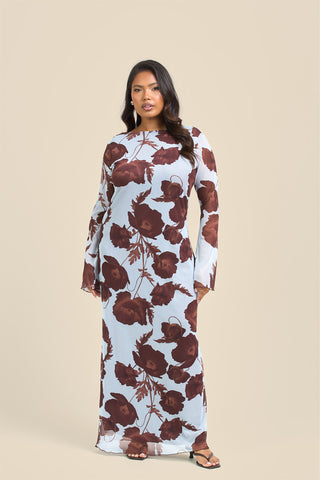 Curve Flare Sleeve Floral Print Mesh Maxi Dress