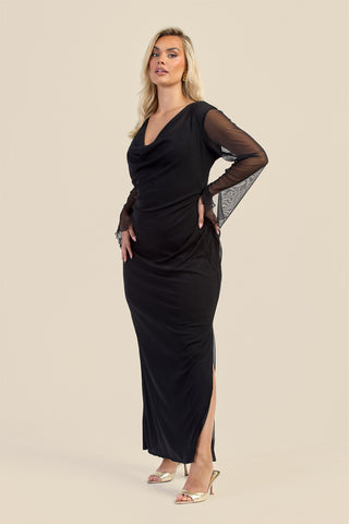 Curve Cowl Neck Long Sleeve Mesh Maxi Dress