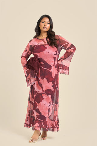 Curve Burgundy Abstract Ruffle Swing Style Maxi Dress