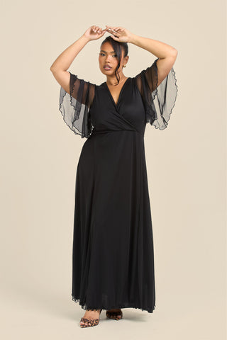 Curve Angel Sleeve Wrap Front Black Mesh Maxi Dress