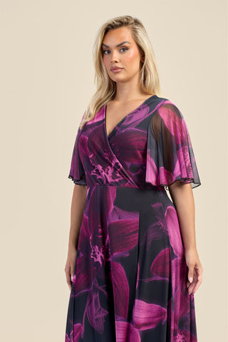 Curve Dark Purple Floral Wrap Front Angel Sleeve Maxi Dress