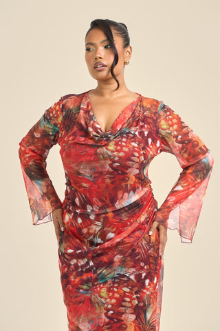 Curve Cowl Neck Abstract Butterfly Flare Sleeve Maxi Dress