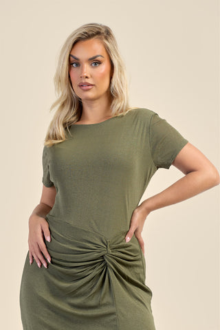 Curve Textured Knit Knotted Front Midi Dress