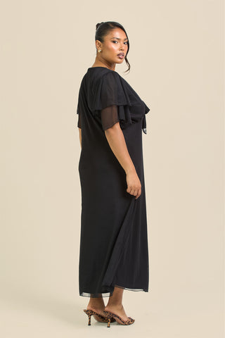 Curve Flutter Sleeve Black Mesh Tie Front Midi Dress