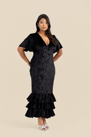 Curve Statement Flutter sleeve velvet ruffle hem maxi dress