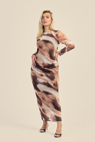 Curve long sleeve mesh abstract print midaxi print