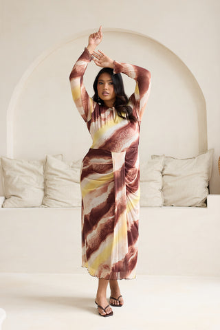 Curve Abstract Print Draped Front Long Sleeve Midi Dress