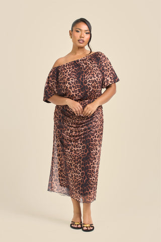 Curve Leopard Print Drop Shoulder Mesh Midi Dress