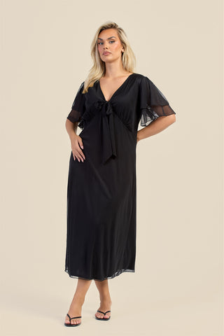 Curve Flutter Sleeve Black Mesh Tie Front Midi Dress