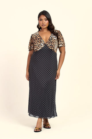 Curve Mixed Leopard And Polka Dot Print Flutter Sleeve V Neck Midi Dress