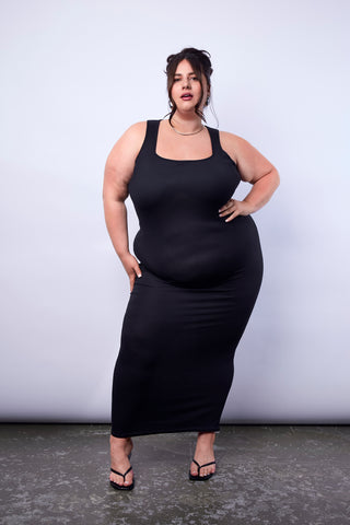 Ribbed Thick Strap Maxi Dress in Black