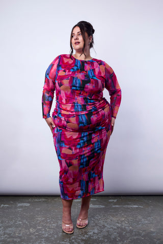 Curve Mesh Long Sleeve Midaxi Dress in Pink Abstract