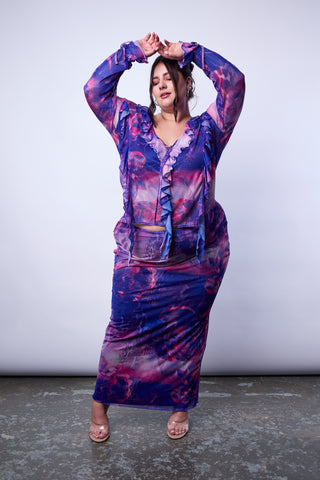 Mesh Skirt In Bright Purple Abstract Print