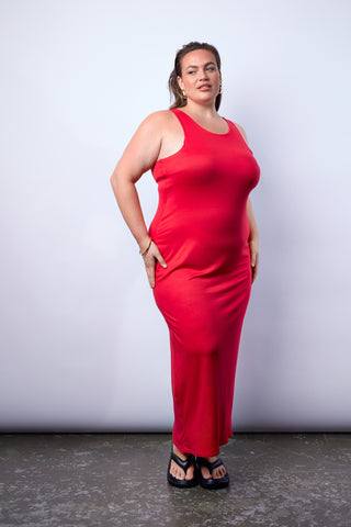 BASICS SZN Racer Neck Supersoft Jersey Maxi Dress in Red