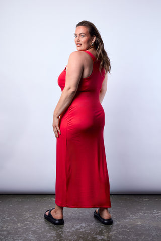 BASICS SZN Racer Neck Supersoft Jersey Maxi Dress in Red